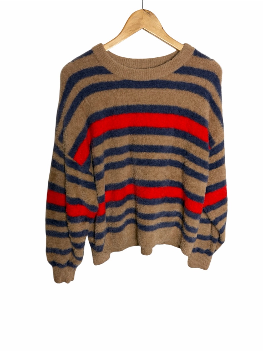 aerie Fuzzy Striped oversized Sweater in Camel, Navy & Red size S